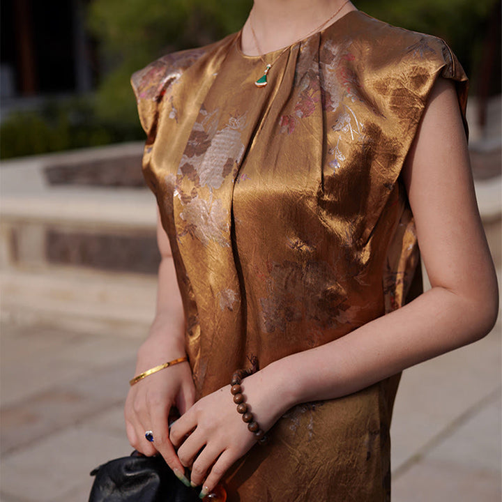 Vestido midi de ácido acético con estampado de flores de rosas doradas de Buddha Stones Vestido sin mangas de acetato