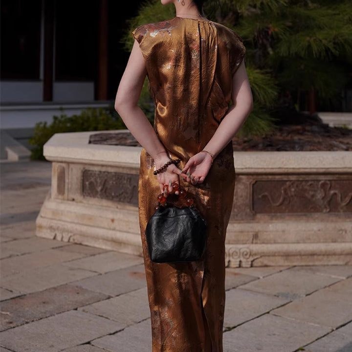 Vestido midi de ácido acético con estampado de flores de rosas doradas de Buddha Stones Vestido sin mangas de acetato