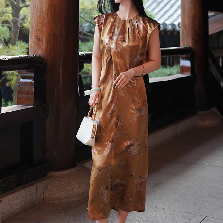 Vestido midi de ácido acético con estampado de flores de rosas doradas de Buddha Stones Vestido sin mangas de acetato