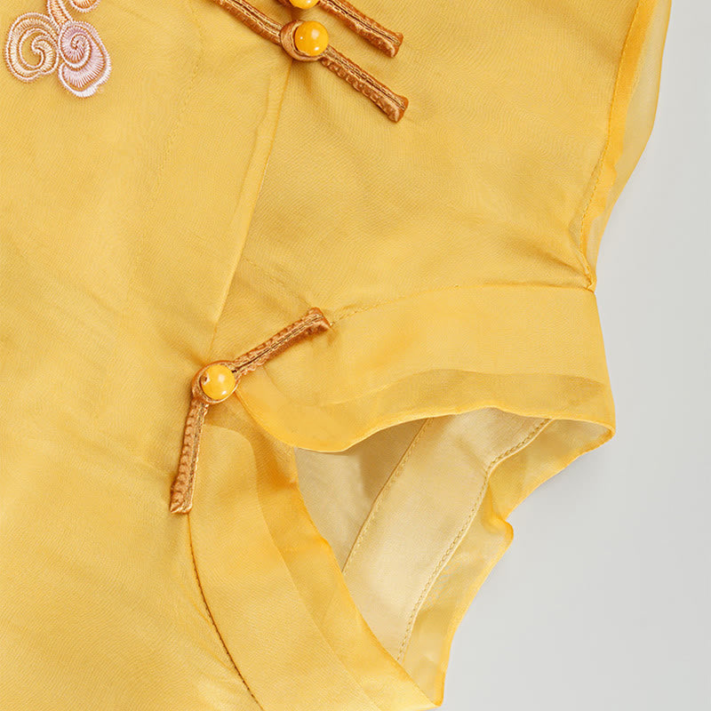 Vestido de organza de seda de morera 100% con Buddha Stones , vestido Cheongsam Qipao de Fénix amarillo bordado