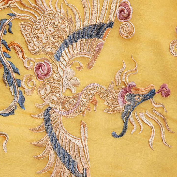 Vestido de organza de seda de morera 100% con Buddha Stones , vestido Cheongsam Qipao de Fénix amarillo bordado