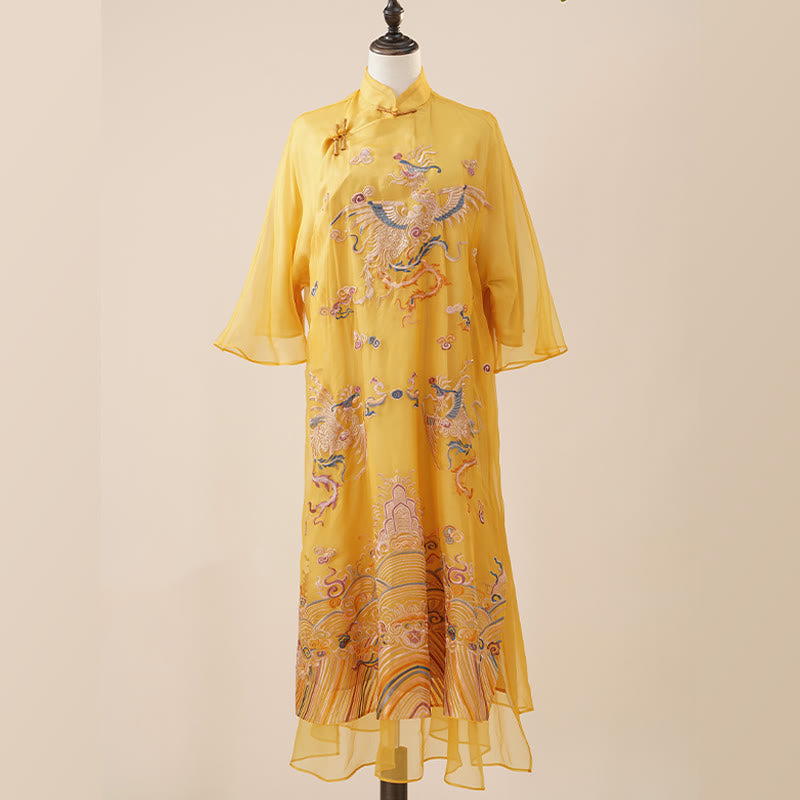 Vestido de organza de seda de morera 100% con Buddha Stones , vestido Cheongsam Qipao de Fénix amarillo bordado