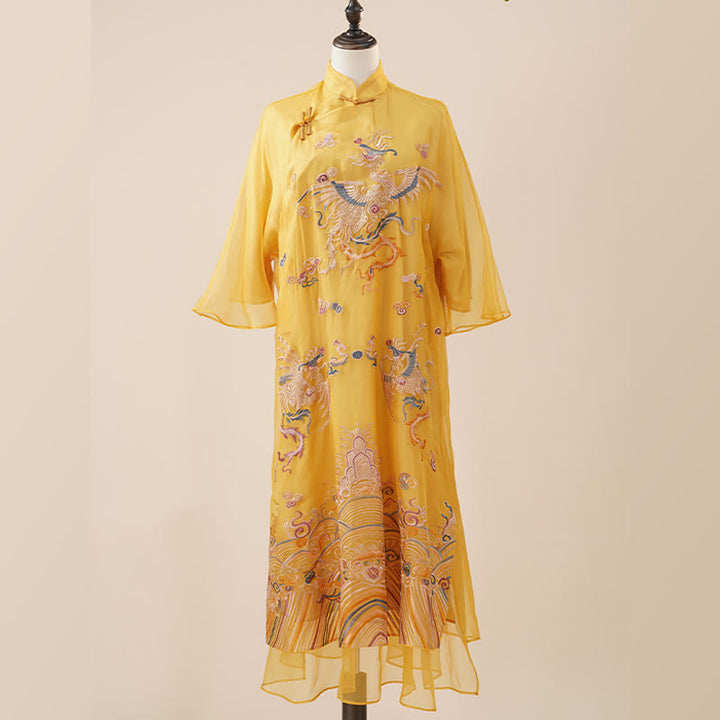 Vestido de organza de seda de morera 100% con Buddha Stones , vestido Cheongsam Qipao de Fénix amarillo bordado