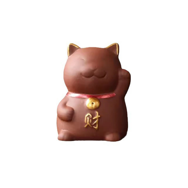 Buddha Stones Mini gato de la suerte riqueza té mascota arcilla púrpura figura decorativa