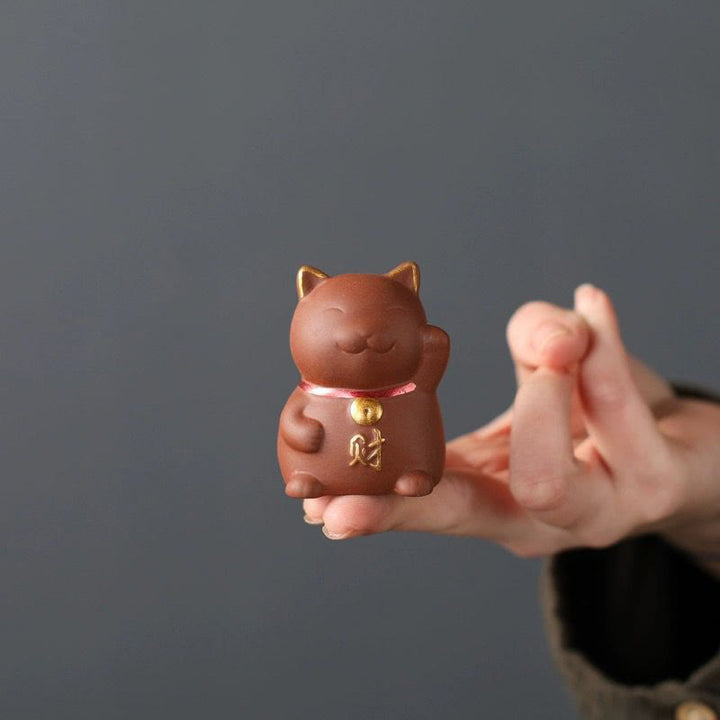 Buddha Stones Mini gato de la suerte riqueza té mascota arcilla púrpura figura decorativa