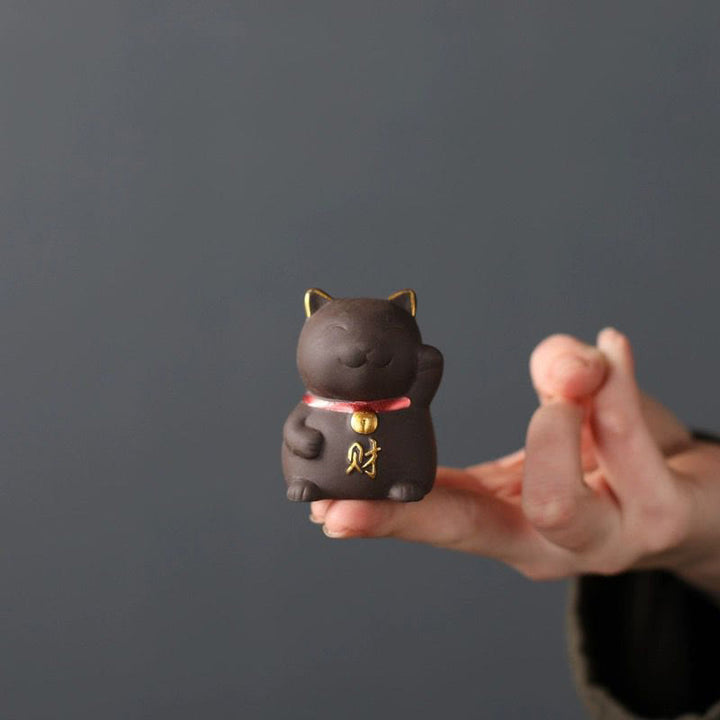 Buddha Stones Mini gato de la suerte riqueza té mascota arcilla púrpura figura decorativa