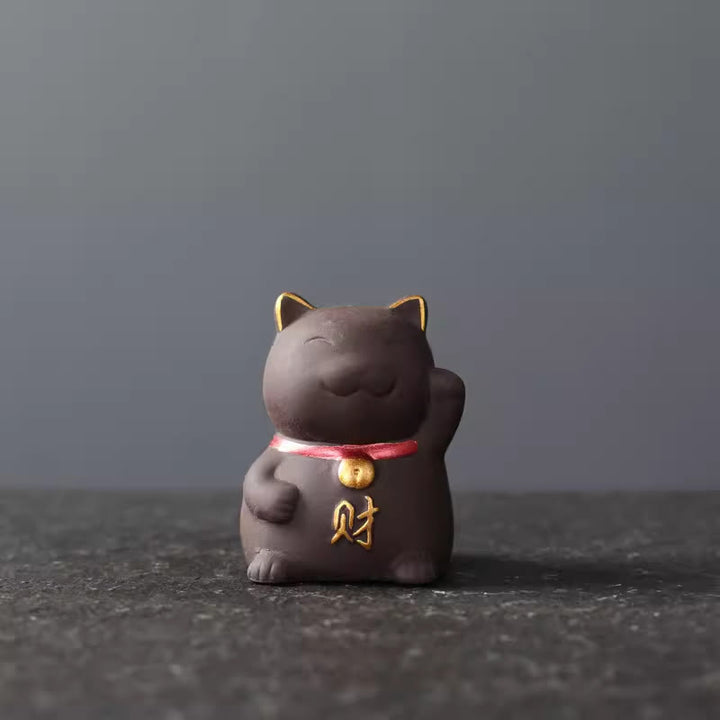 Buddha Stones Mini gato de la suerte riqueza té mascota arcilla púrpura figura decorativa
