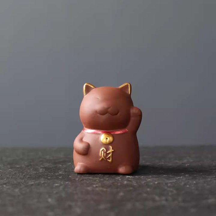 Buddha Stones Mini gato de la suerte riqueza té mascota arcilla púrpura figura decorativa