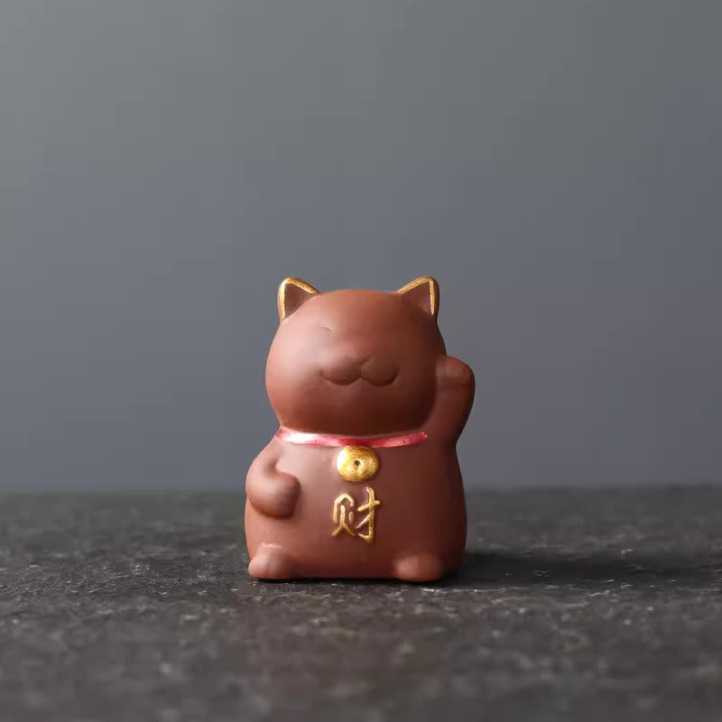 Buddha Stones Mini gato de la suerte riqueza té mascota arcilla púrpura figura decorativa - Rojo 4*3,8*5,5 cm - image 1