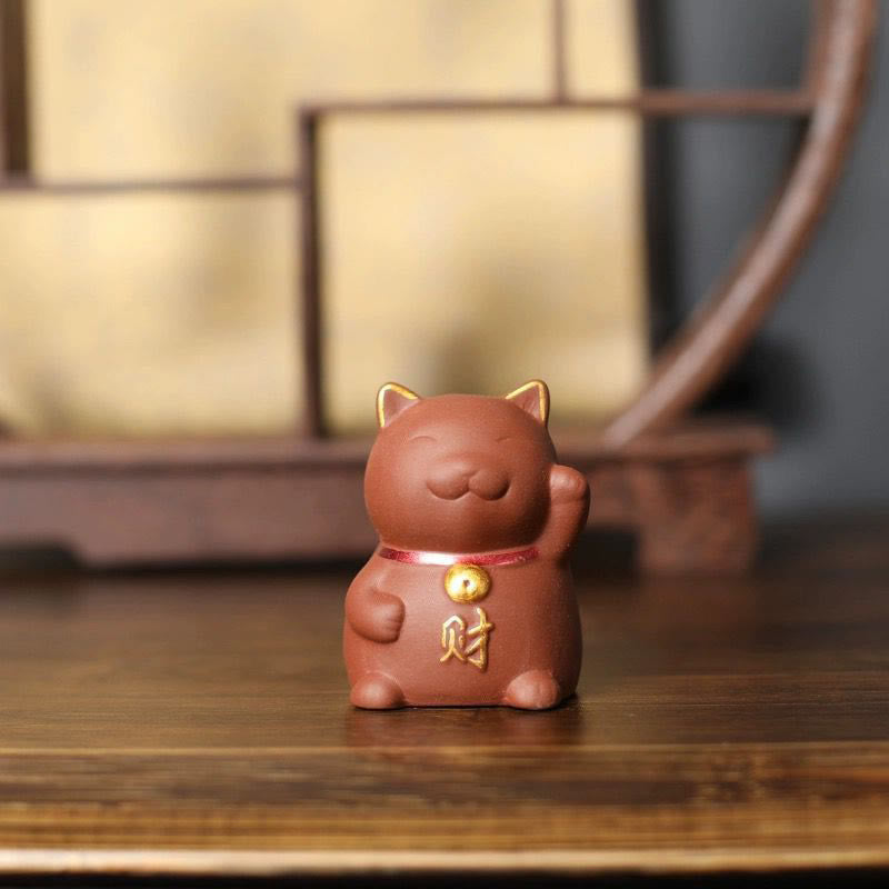 Buddha Stones Mini gato de la suerte riqueza té mascota arcilla púrpura figura decorativa - image 2