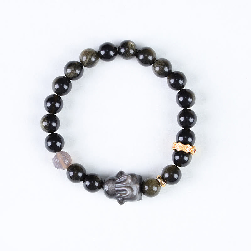 Buddha Stones Obsidiana con brillo dorado Obsidiana negra Obsidiana con brillo plateado Pulsera linda de protección de conejo