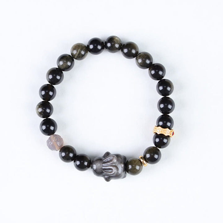 Buddha Stones Obsidiana con brillo dorado Obsidiana negra Obsidiana con brillo plateado Pulsera linda de protección de conejo