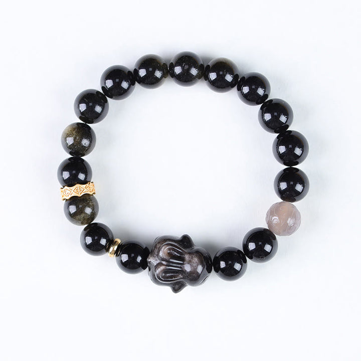 Buddha Stones Obsidiana con brillo dorado Obsidiana negra Obsidiana con brillo plateado Pulsera linda de protección de conejo