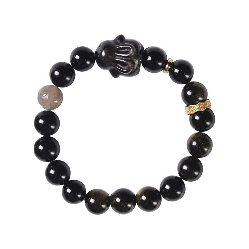 Buddha Stones Obsidiana con brillo dorado Obsidiana negra Obsidiana con brillo plateado Pulsera linda de protección de conejo