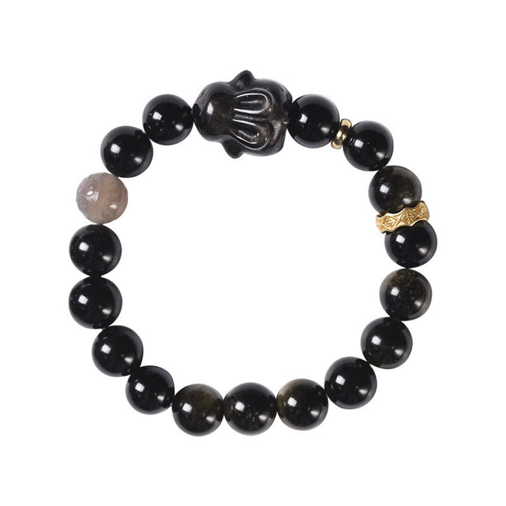Buddha Stones Obsidiana con brillo dorado Obsidiana negra Obsidiana con brillo plateado Pulsera linda de protección de conejo