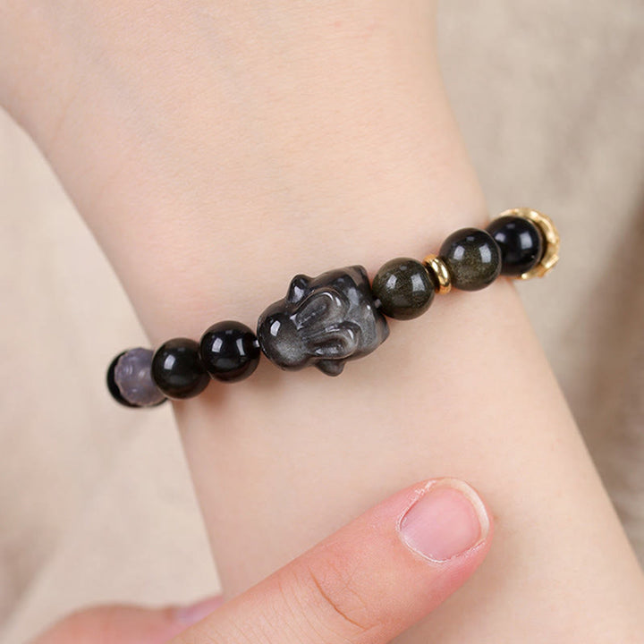 Buddha Stones Obsidiana con brillo dorado Obsidiana negra Obsidiana con brillo plateado Pulsera linda de protección de conejo