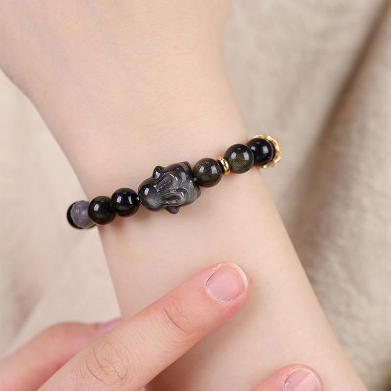 Buddha Stones Obsidiana con brillo dorado Obsidiana negra Obsidiana con brillo plateado Pulsera linda de protección de conejo