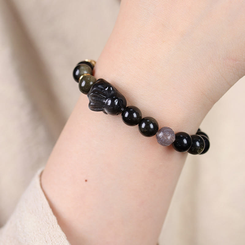 Buddha Stones Obsidiana con brillo dorado Obsidiana negra Obsidiana con brillo plateado Pulsera linda de protección de conejo