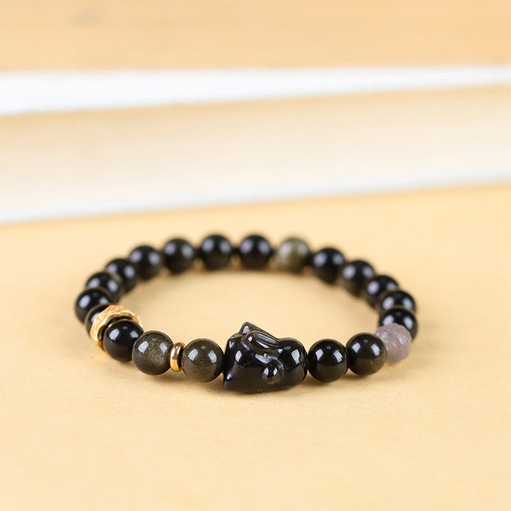 Buddha Stones Obsidiana con brillo dorado Obsidiana negra Obsidiana con brillo plateado Pulsera linda de protección de conejo