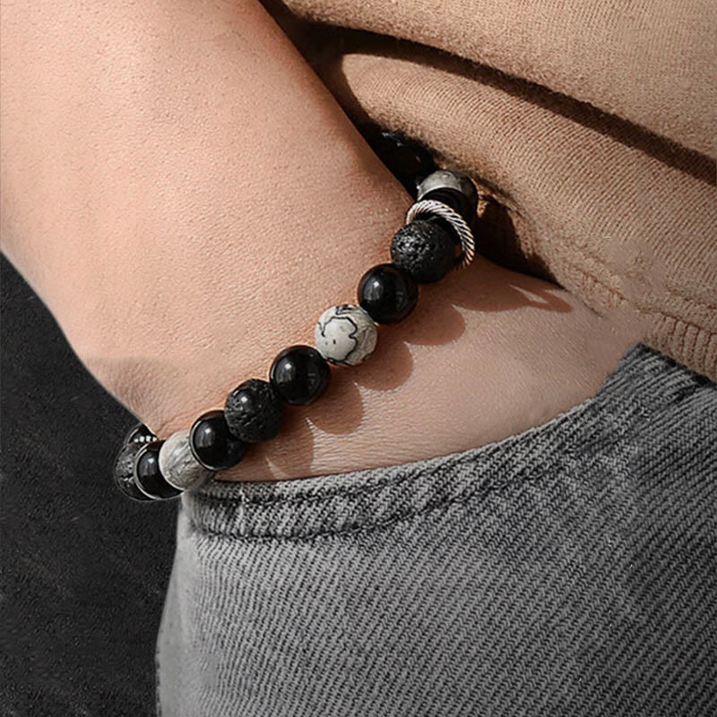 Pulsera de cuerda de soporte con cuentas de jaspe Picasso, obsidiana negra, roca de lava Vintage, Buddha Stones