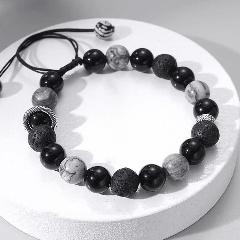 Pulsera de cuerda de soporte con cuentas de jaspe Picasso, obsidiana negra, roca de lava Vintage, Buddha Stones