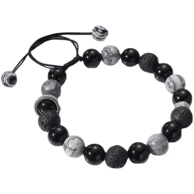Pulsera de cuerda de soporte con cuentas de jaspe Picasso, obsidiana negra, roca de lava Vintage, Buddha Stones