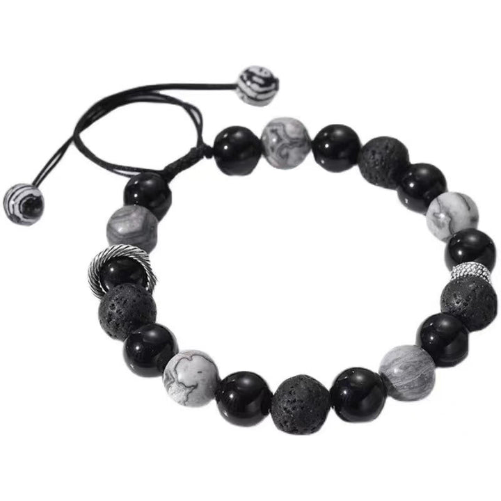 Pulsera de cuerda de soporte con cuentas de jaspe Picasso, obsidiana negra, roca de lava Vintage, Buddha Stones