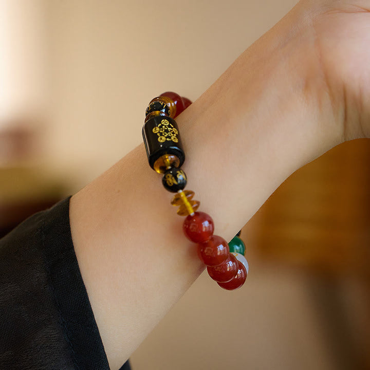 Pulsera de la riqueza de la sabiduría de la ágata roja del ónix negro de los cinco elementos de las Buddha Stones