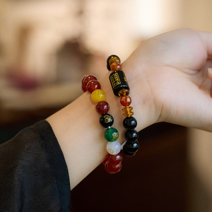 Pulsera de la riqueza de la sabiduría de la ágata roja del ónix negro de los cinco elementos de las Buddha Stones