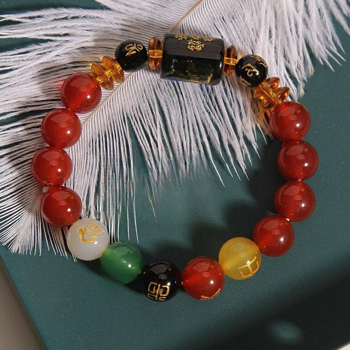Pulsera de la riqueza de la sabiduría de la ágata roja del ónix negro de los cinco elementos de las Buddha Stones