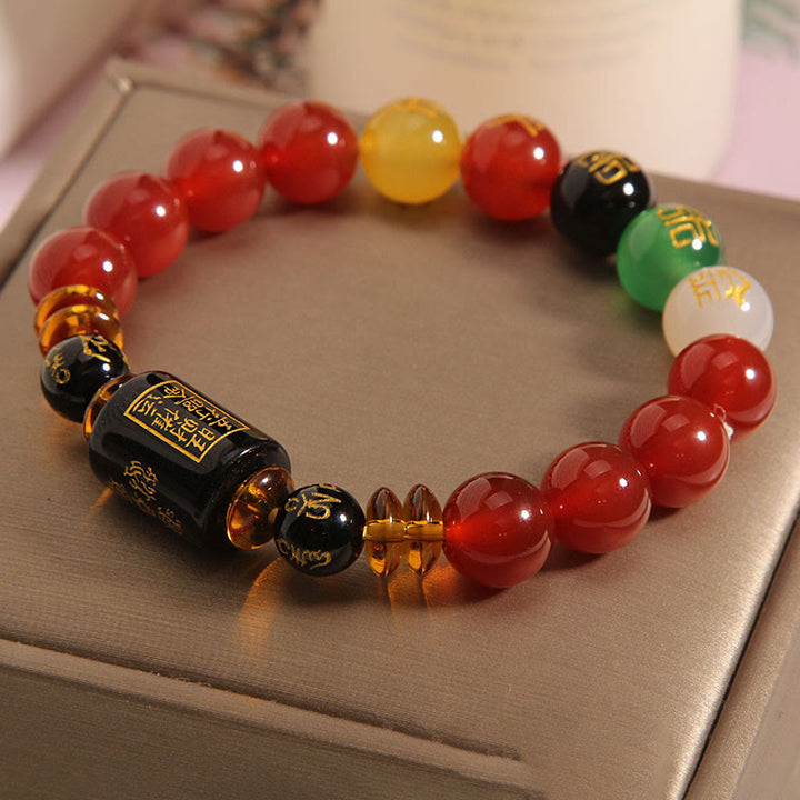 Pulsera de la riqueza de la sabiduría de la ágata roja del ónix negro de los cinco elementos de las Buddha Stones