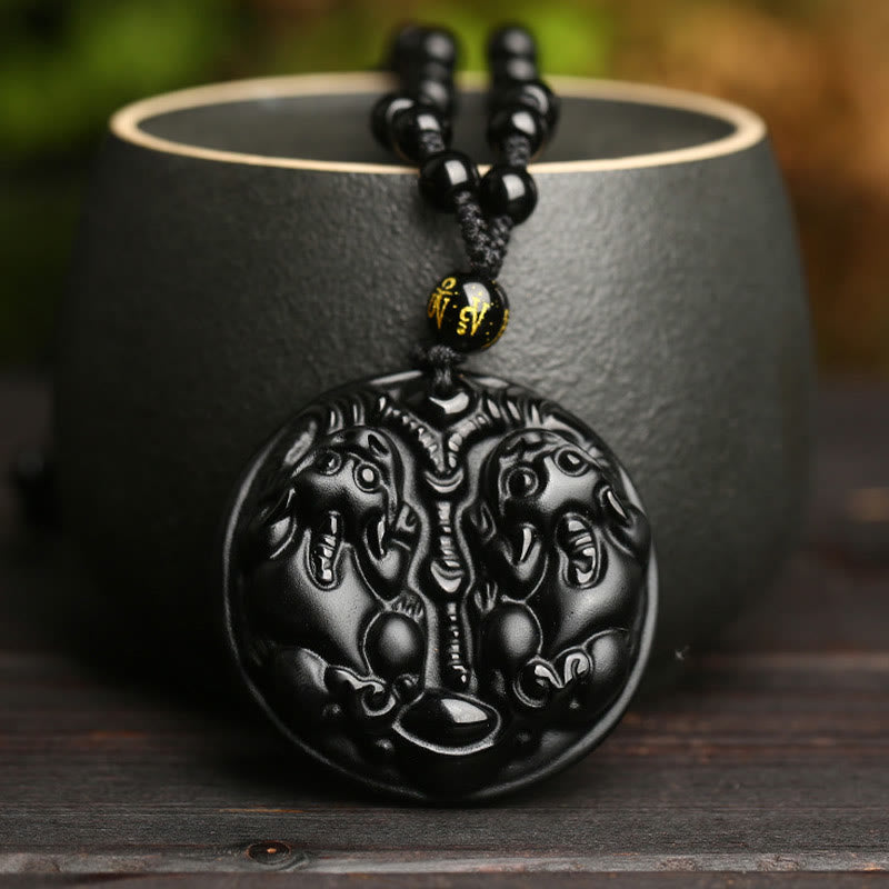 Colgante de collar de purificación de cuerda de cuentas de Pixiu doble de obsidiana negra con Buddha Stones