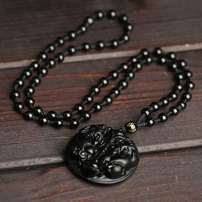 Colgante de collar de purificación de cuerda de cuentas de Pixiu doble de obsidiana negra con Buddha Stones