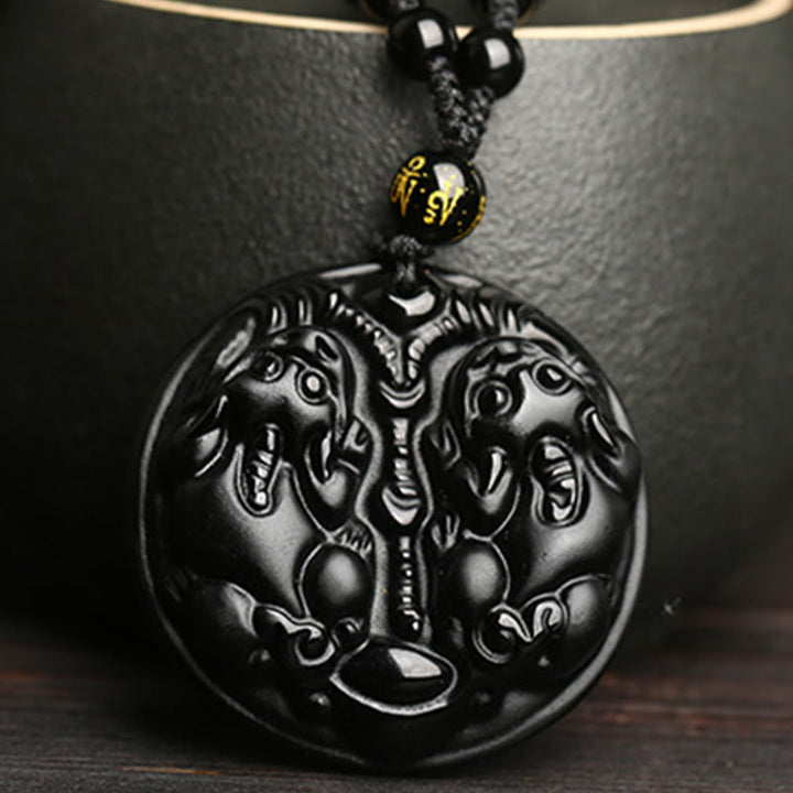 Colgante de collar de purificación de cuerda de cuentas de Pixiu doble de obsidiana negra con Buddha Stones