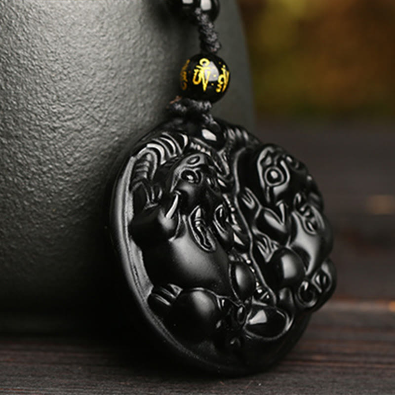 Colgante de collar de purificación de cuerda de cuentas de Pixiu doble de obsidiana negra con Buddha Stones
