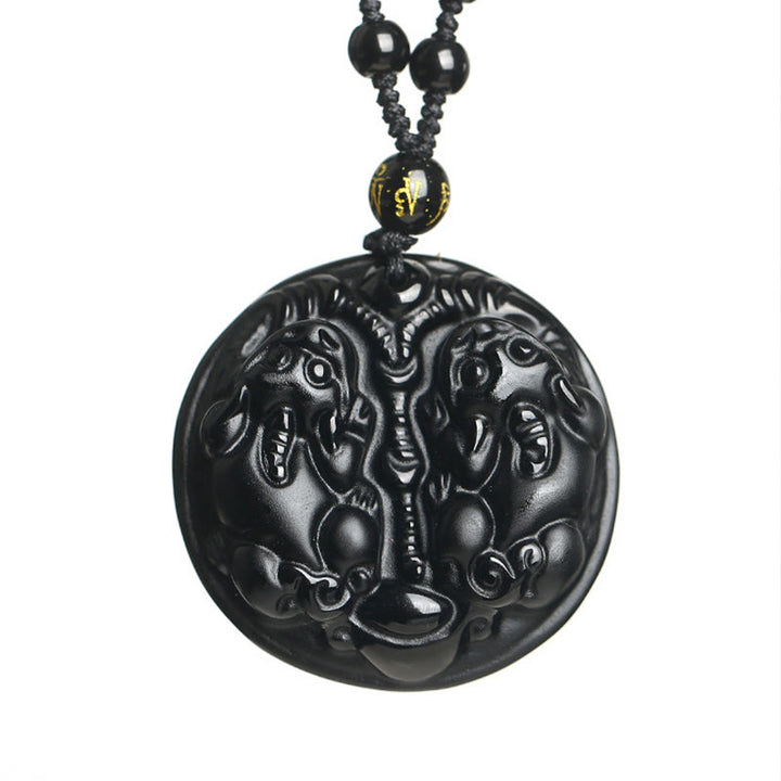 Colgante de collar de purificación de cuerda de cuentas de Pixiu doble de obsidiana negra con Buddha Stones