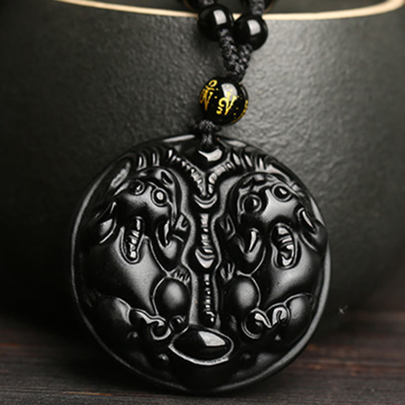Colgante de collar de purificación de cuerda de cuentas de Pixiu doble de obsidiana negra con Buddha Stones