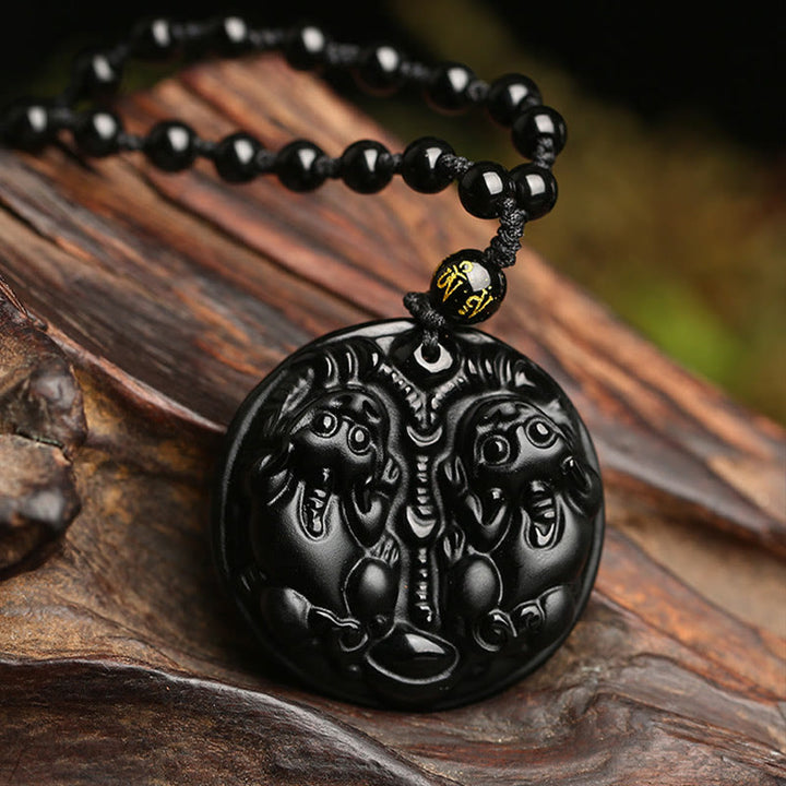 Colgante de collar de purificación de cuerda de cuentas de Pixiu doble de obsidiana negra con Buddha Stones