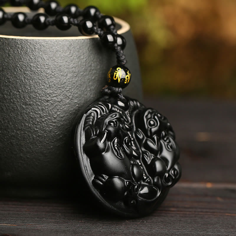 Colgante de collar de purificación de cuerda de cuentas de Pixiu doble de obsidiana negra con Buddha Stones
