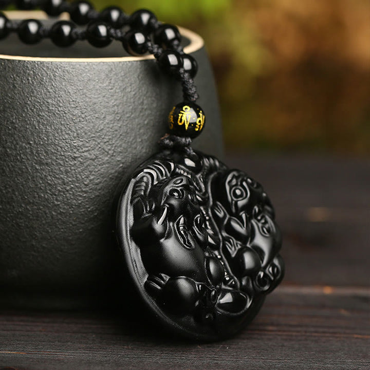 Colgante de collar de purificación de cuerda de cuentas de Pixiu doble de obsidiana negra con Buddha Stones