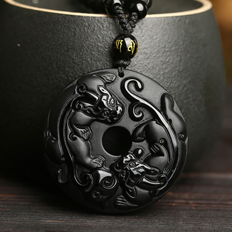 Buddha Stones, obsidiana negra Natural, hebilla de la paz, cuentas de Pixiu, colgante de collar resistente