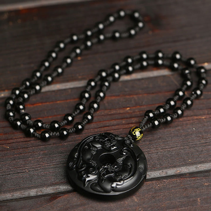 Buddha Stones, obsidiana negra Natural, hebilla de la paz, cuentas de Pixiu, colgante de collar resistente