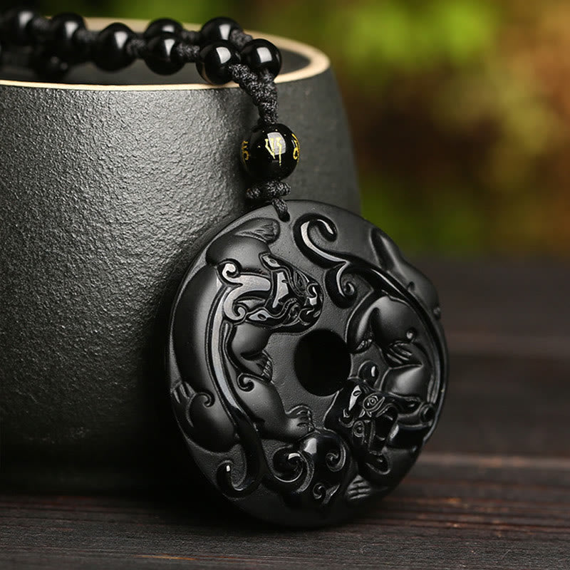 Buddha Stones, obsidiana negra Natural, hebilla de la paz, cuentas de Pixiu, colgante de collar resistente