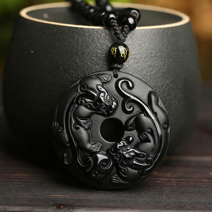 Buddha Stones, obsidiana negra Natural, hebilla de la paz, cuentas de Pixiu, colgante de collar resistente
