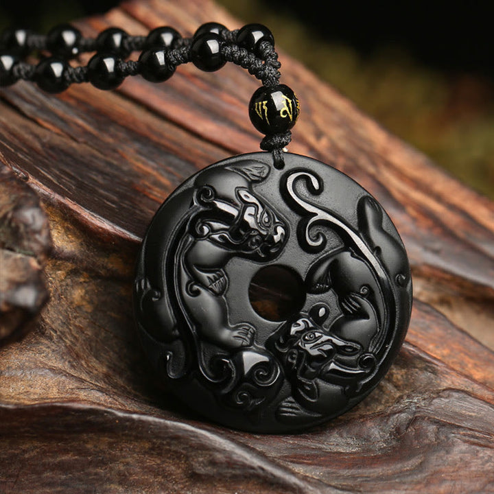 Buddha Stones, obsidiana negra Natural, hebilla de la paz, cuentas de Pixiu, colgante de collar resistente