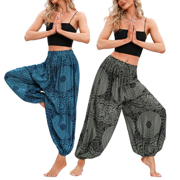 Pantalones de yoga para mujer con estampado de rosas redondas sueltas informales con Buddha Stones