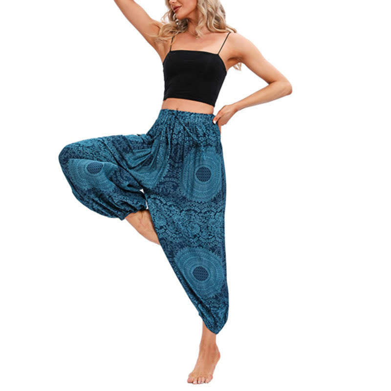 Pantalones de yoga para mujer con estampado de rosas redondas sueltas informales con Buddha Stones