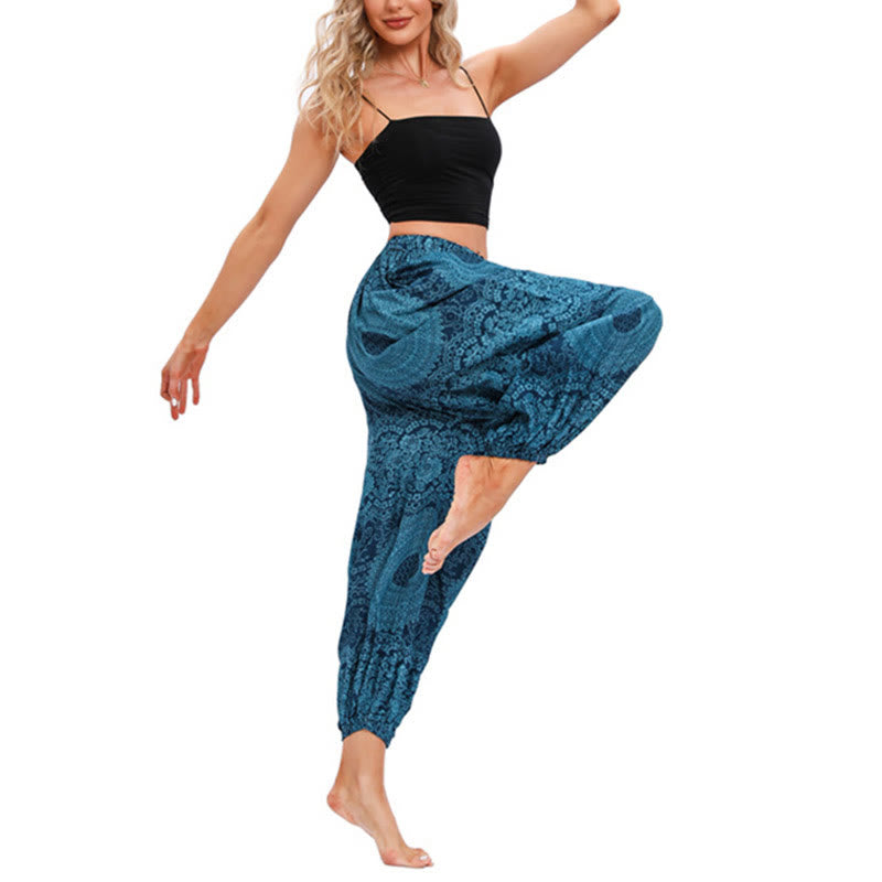Pantalones de yoga para mujer con estampado de rosas redondas sueltas informales con Buddha Stones