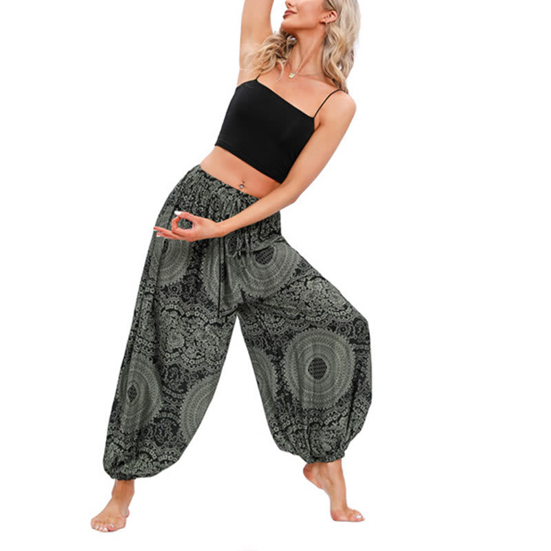 Pantalones de yoga para mujer con estampado de rosas redondas sueltas informales con Buddha Stones