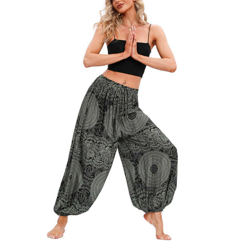 Pantalones de yoga para mujer con estampado de rosas redondas sueltas informales con Buddha Stones